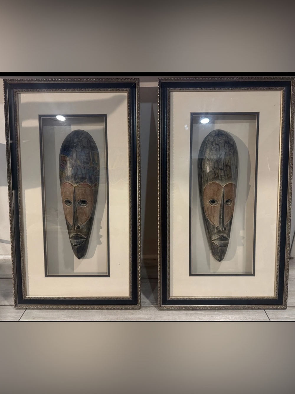 African Fang Mask Ngil Hand Carved In Ghana Framed Shadow Box Set Sz  33x19x3